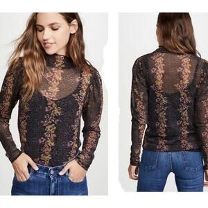 FREE PEOPLE BLACK AMBER FLORAL LONG SLEEVE SEMI SHEER‎ TOP SZ SMALL